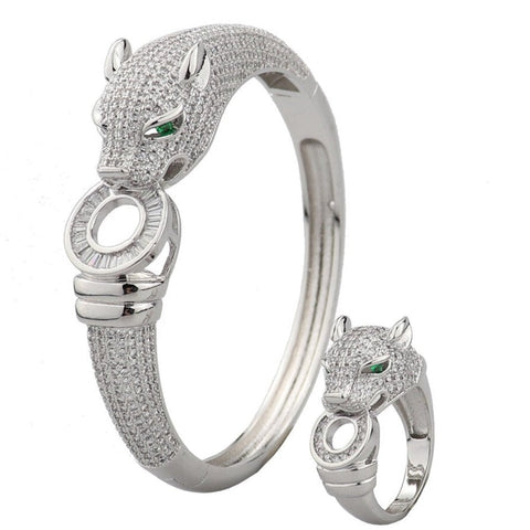 Luxurious Silver Panther Bracelet & Ring  Set