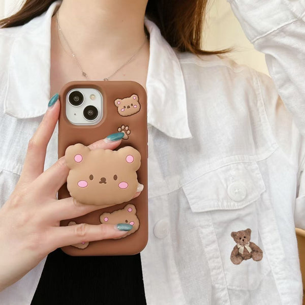 3D Cartoon Bear Holder Flexible Silicone Back Case for iPhone 12 ,13 14 & 15 Series