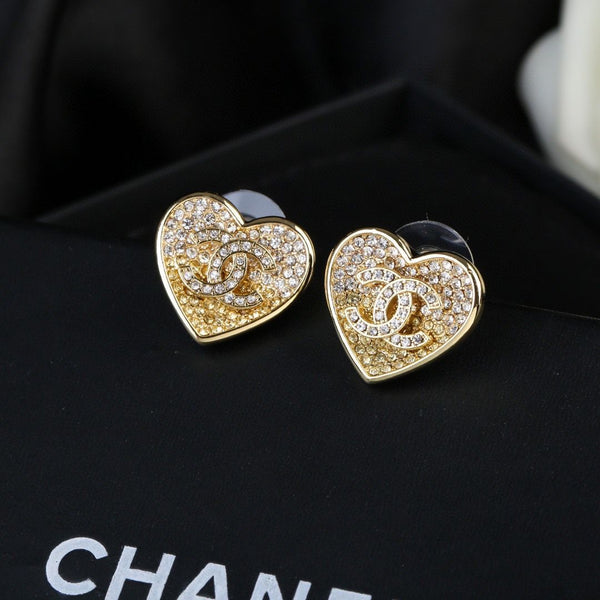 Pearl Crystal CC Heart Earrings Gold White