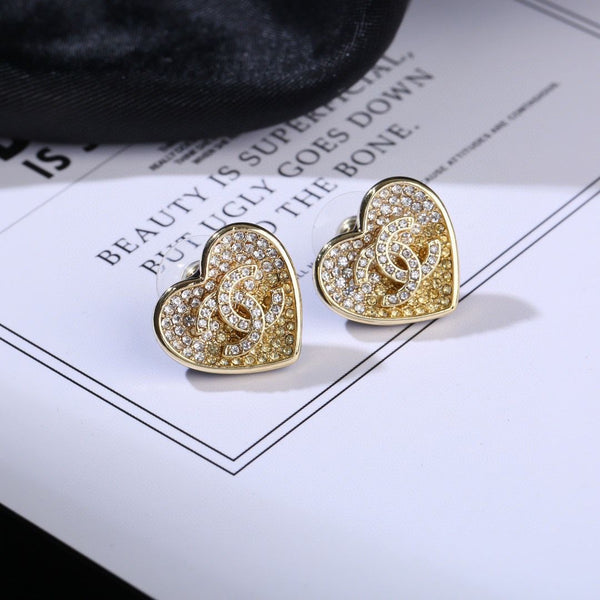 Pearl Crystal CC Heart Earrings Gold White