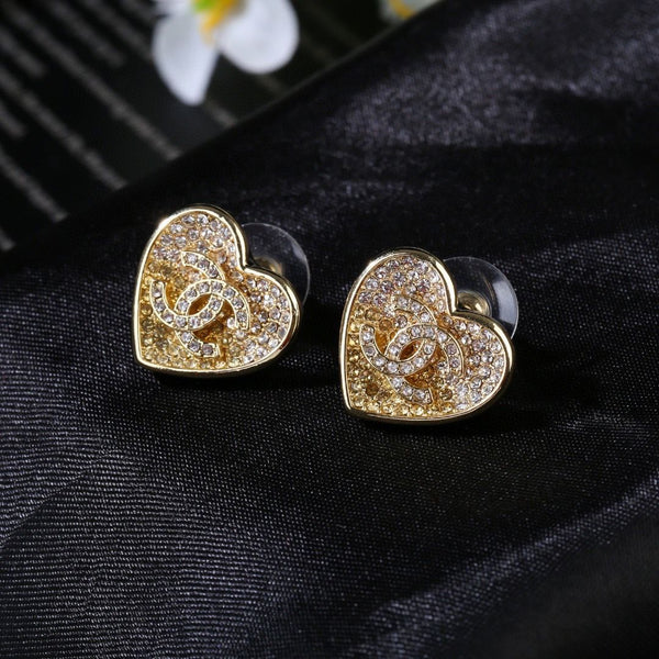 Pearl Crystal CC Heart Earrings Gold White