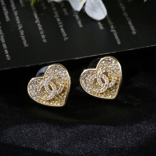 Pearl Crystal CC Heart Earrings Gold White