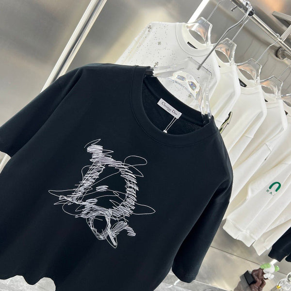 Parody Line Embroidery Alphabet Logo Drop Shoulder T-shirt