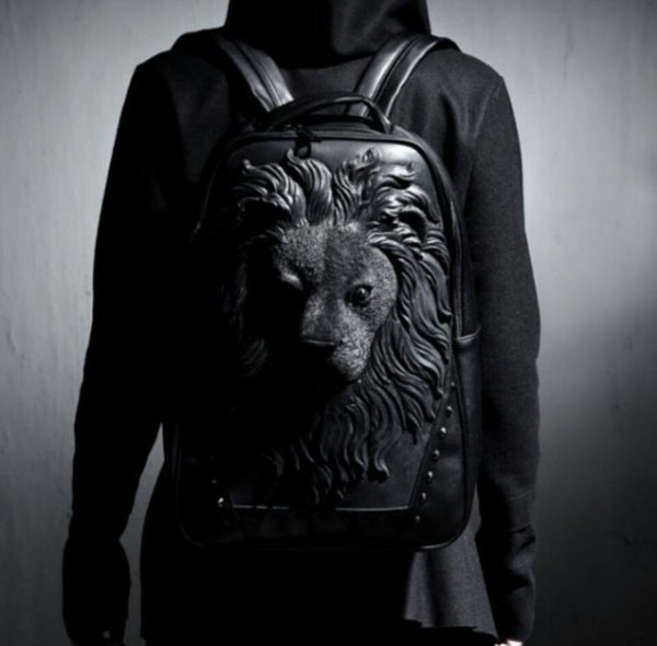 3D Lion Head Backpack, Studded PU Leather Laptop Backpack College Bookbag