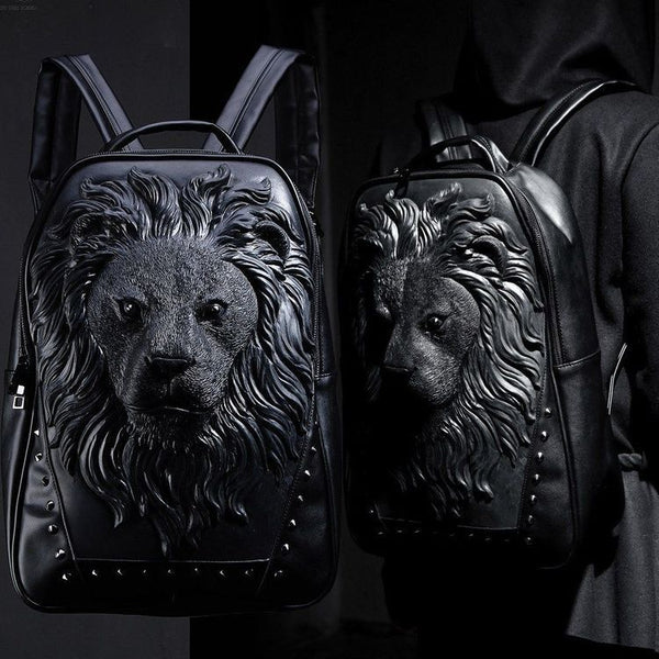 3D Lion Head Backpack, Studded PU Leather Laptop Backpack College Bookbag