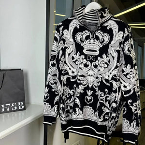 Baroque-Print Zip Neck Pullover For Men