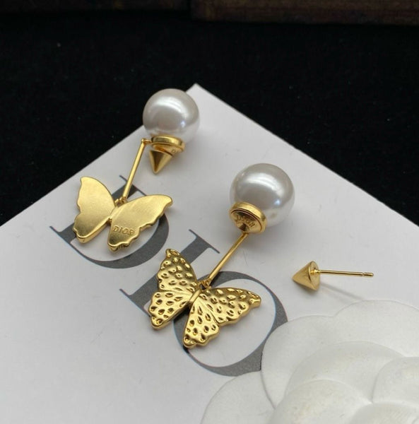 Butterfly Shaped Crystal Studded Pearl Drop Earrings