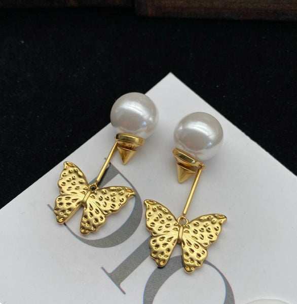 Butterfly Shaped Crystal Studded Pearl Drop Earrings