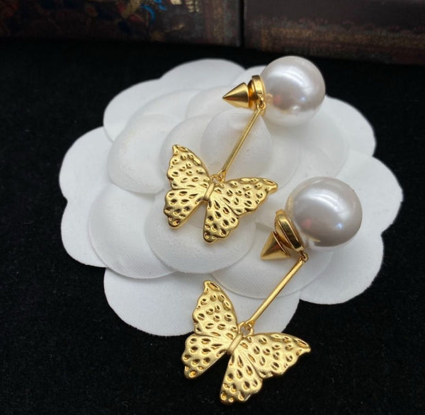 Butterfly Shaped Crystal Studded Pearl Drop Earrings