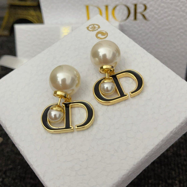 Pearl and black enamel CD Earrings