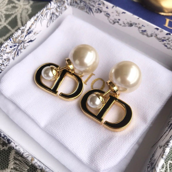 Pearl and black enamel CD Earrings