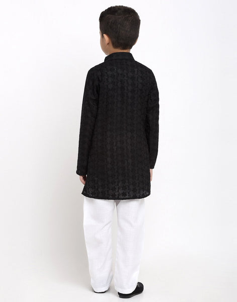 Lucknowi Chikankari Cotton Kurta Pajama Set For Boys/Kids By Luxury at Less|Black| Kurta Pajama Set