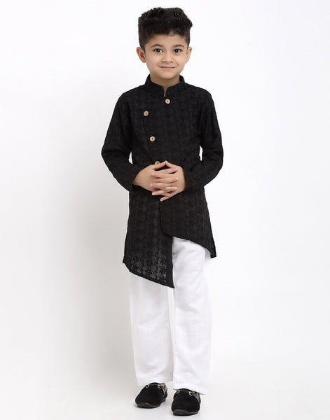 Lucknowi Chikankari Cotton Kurta Pajama Set For Boys/Kids By Luxury at Less|Black| Kurta Pajama Set