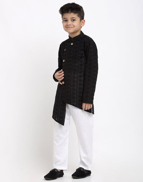 Lucknowi Chikankari Cotton Kurta Pajama Set For Boys/Kids By Luxury at Less|Black| Kurta Pajama Set