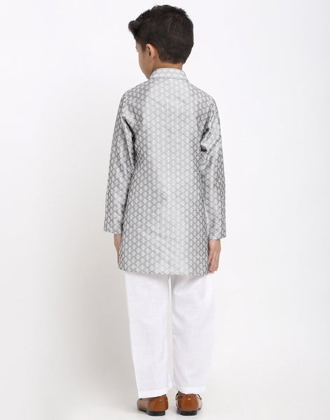 Brocade Kurta Pajama Set For Boys/Kids By Luxury at Less|Silver Grey| Kurta Pajama Set