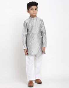 Brocade Kurta Pajama Set For Boys/Kids By Luxury at Less|Silver Grey| Kurta Pajama Set