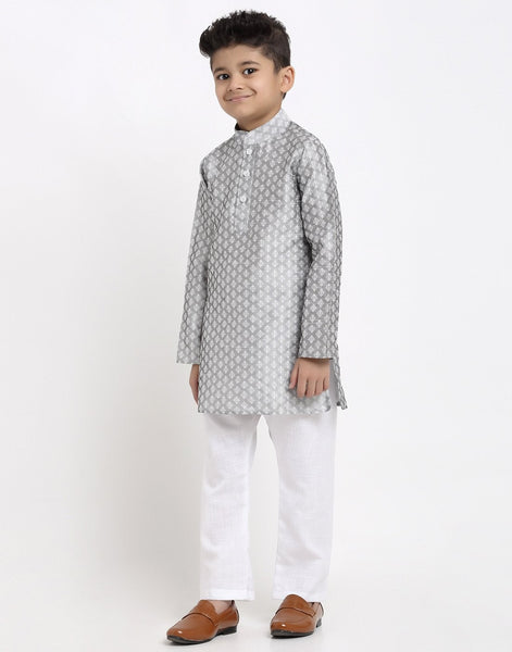 Brocade Kurta Pajama Set For Boys/Kids By Luxury at Less|Silver Grey| Kurta Pajama Set