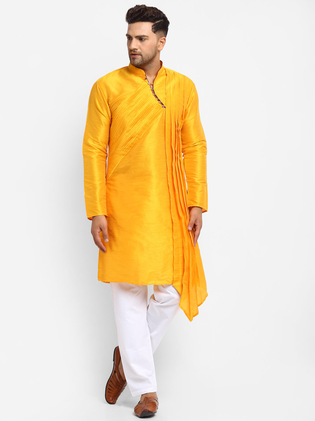 Yellow Solid Brocade Kurta With Aligarh Pajama For Men By Luxury at Less