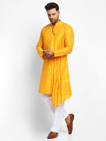 Yellow Solid Brocade Kurta With Aligarh Pajama For Men By Luxury at Less