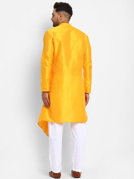 Yellow Solid Brocade Kurta With Aligarh Pajama For Men By Luxury at Less