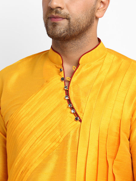 Yellow Solid Brocade Kurta With Aligarh Pajama For Men By Luxury at Less