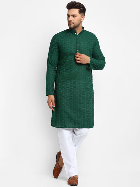 Embroidered Cotton Chikankari Green Kurta With Aligarh Pajama by Luxury at Less