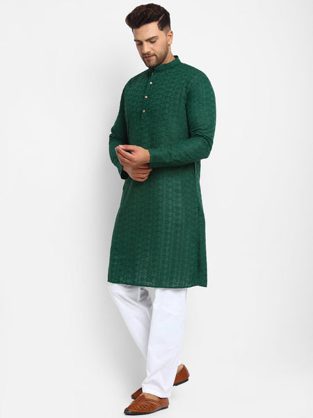 Embroidered Cotton Chikankari Green Kurta With Aligarh Pajama by Luxury at Less