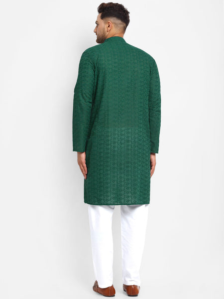 Embroidered Cotton Chikankari Green Kurta With Aligarh Pajama by Luxury at Less