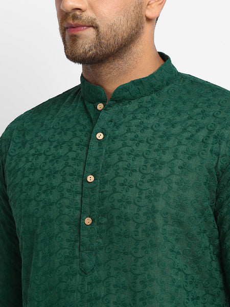 Embroidered Cotton Chikankari Green Kurta With Aligarh Pajama by Luxury at Less