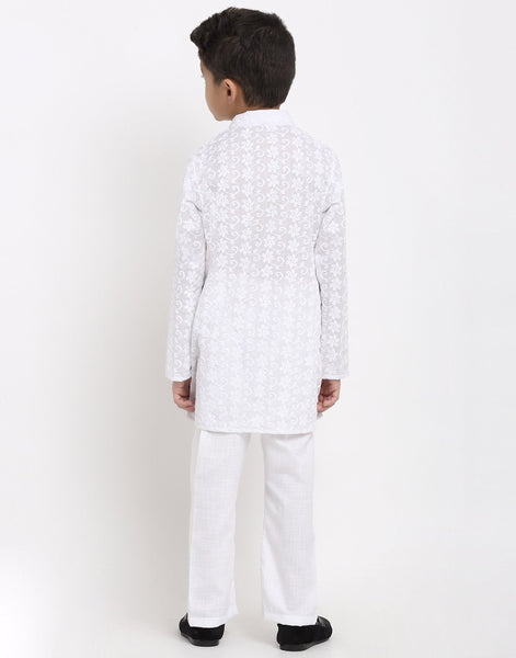 Lucknowi Chikankari Cotton Kurta Pajama Set For Boys/Kids By Luxury at Less|White| Kurta Pajama Set