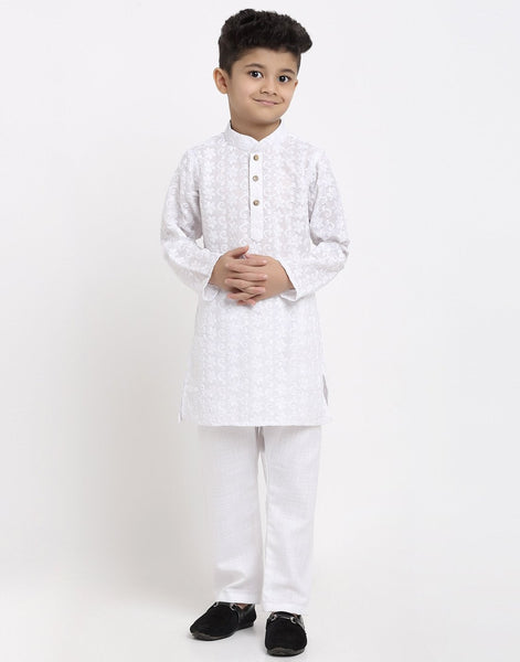 Lucknowi Chikankari Cotton Kurta Pajama Set For Boys/Kids By Luxury at Less|White| Kurta Pajama Set