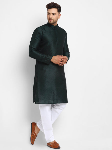 Embellished Brocade Bottle Green Kurta With Aligarh Pajama Set by Luxury at Less