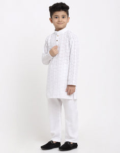 Lucknowi Chikankari Cotton Kurta Pajama Set For Boys/Kids By Luxury at Less|White| Kurta Pajama Set