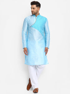 Embellished Brocade Sky Blue Kurta With Aligarh Pajama Set For Men By Luxury at Less