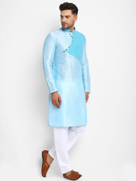 Embellished Brocade Sky Blue Kurta With Aligarh Pajama Set For Men By Luxury at Less