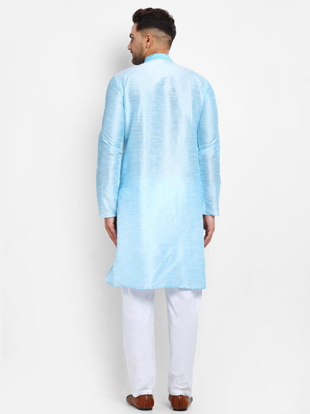 Embellished Brocade Sky Blue Kurta With Aligarh Pajama Set For Men By Luxury at Less