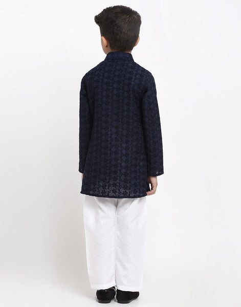 Lucknowi Chikankari Cotton Kurta Pajama Set For Boys/Kids By Luxury at Less|Navy Blue| Kurta Pajama Set