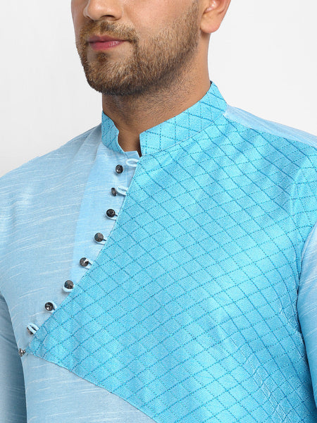 Embellished Brocade Sky Blue Kurta With Aligarh Pajama Set For Men By Luxury at Less