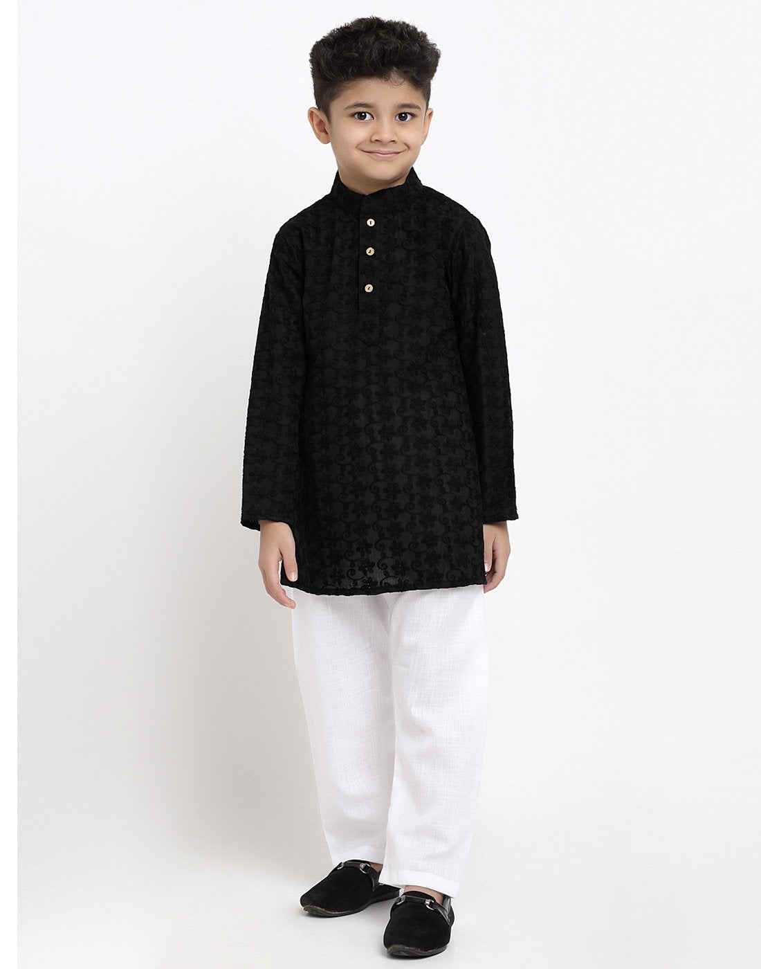 Lucknowi Chikankari Cotton Kurta Pajama Set For Boys/Kids By Luxury at Less|Black| Kurta Pajama Set