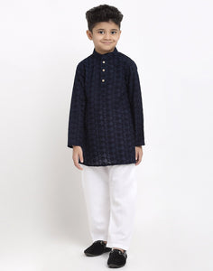 Lucknowi Chikankari Cotton Kurta Pajama Set For Boys/Kids By Luxury at Less|Navy Blue| Kurta Pajama Set