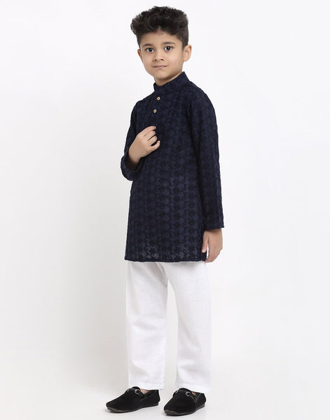 Lucknowi Chikankari Cotton Kurta Pajama Set For Boys/Kids By Luxury at Less|Navy Blue| Kurta Pajama Set