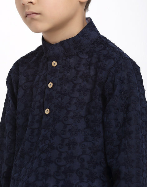 Lucknowi Chikankari Cotton Kurta Pajama Set For Boys/Kids By Luxury at Less|Navy Blue| Kurta Pajama Set