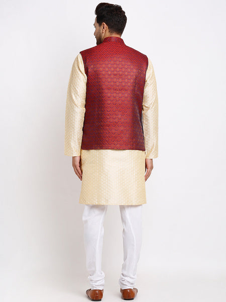 Luxury at Less Ethnic Brocade Beige Kurta Pajama With Brocade Maroon Nehru Jacket For Men