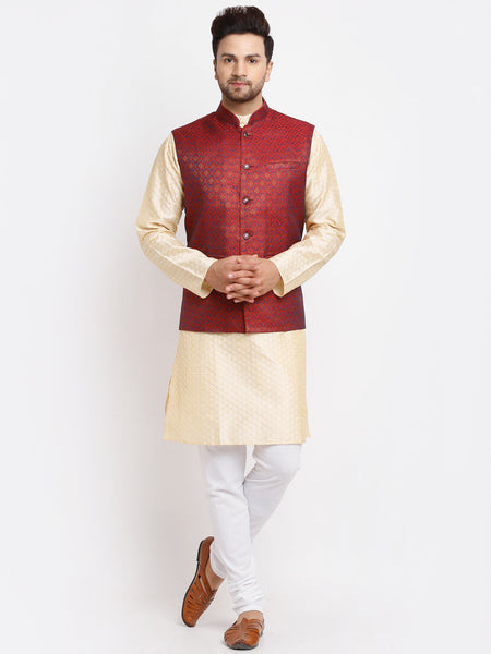 Luxury at Less Ethnic Brocade Beige Kurta Pajama With Brocade Maroon Nehru Jacket For Men