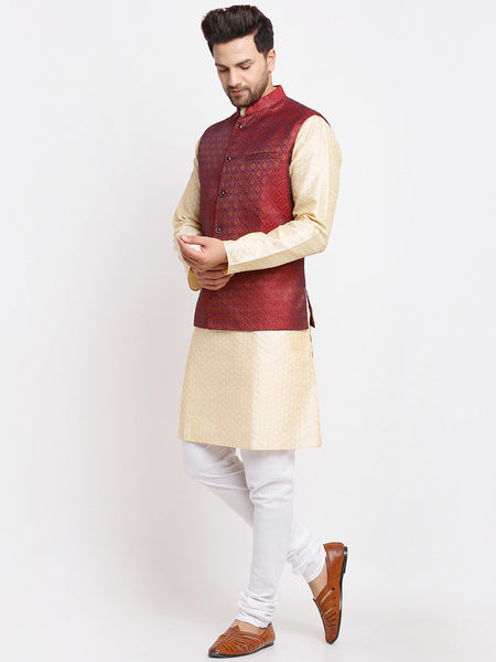 Luxury at Less Ethnic Brocade Beige Kurta Pajama With Brocade Maroon Nehru Jacket For Men