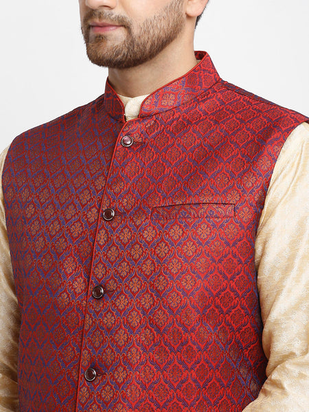 Luxury at Less Ethnic Brocade Beige Kurta Pajama With Brocade Maroon Nehru Jacket For Men