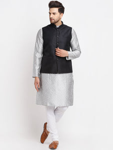 Ethnic Brocade Grey Kurta Pajama With Brocade Maroon Nehru Jacket For Men