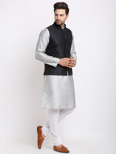 Ethnic Brocade Grey Kurta Pajama With Brocade Maroon Nehru Jacket For Men