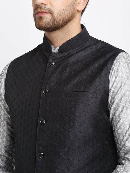 Ethnic Brocade Grey Kurta Pajama With Brocade Maroon Nehru Jacket For Men