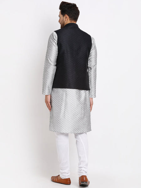 Ethnic Brocade Grey Kurta Pajama With Brocade Maroon Nehru Jacket For Men